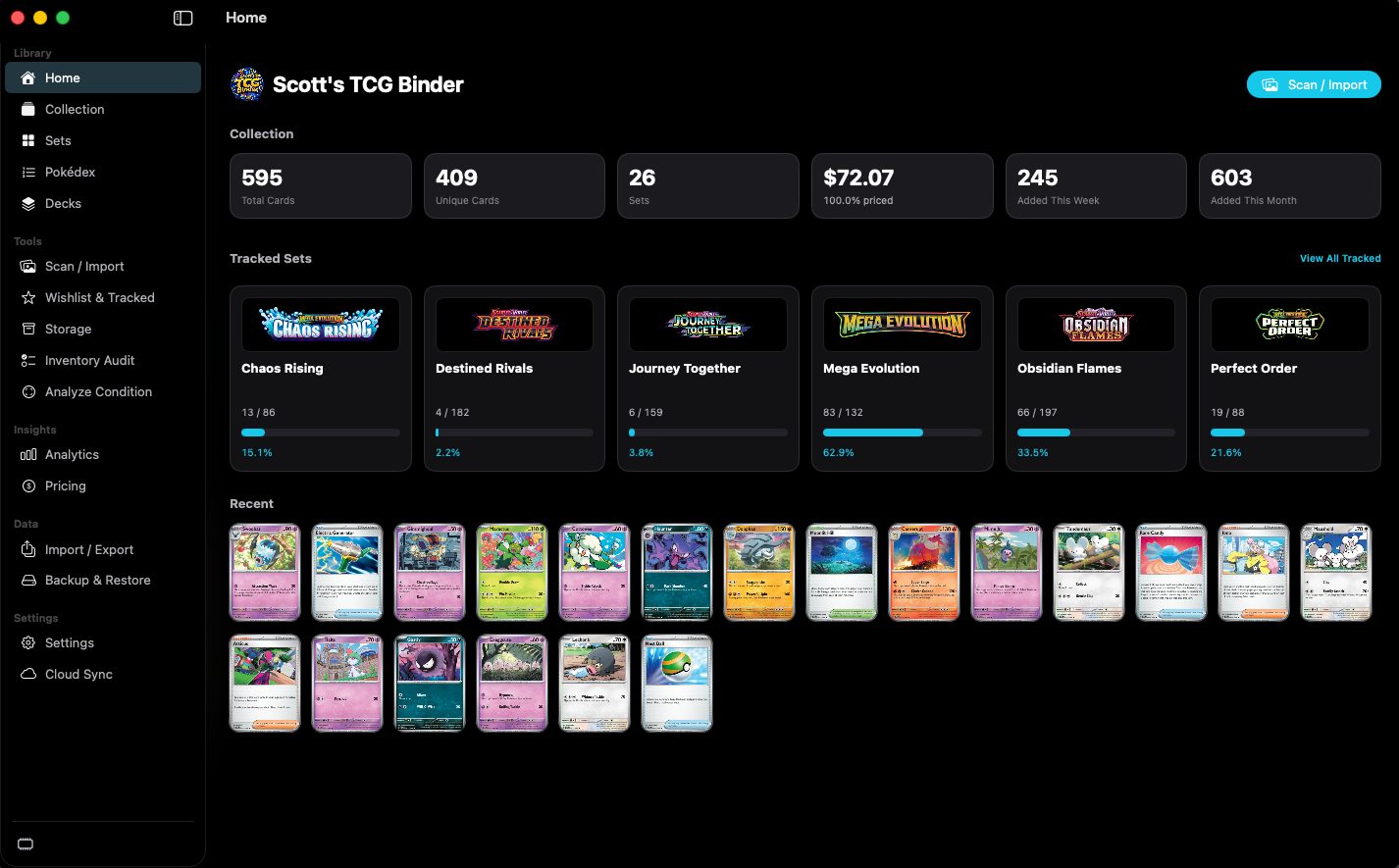 Home dashboard showing collection totals, six tracked sets, and recent cards.