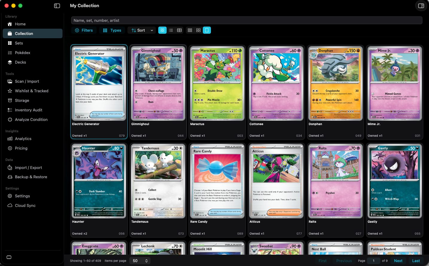 Collection grid of owned cards with search, filters, and pager.