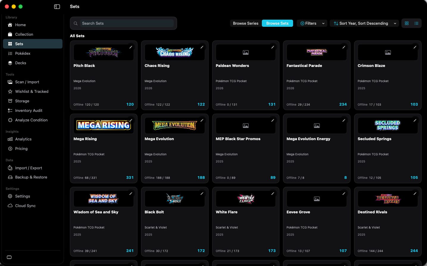 Sets browser showing set logos, series, year, and completion counts.