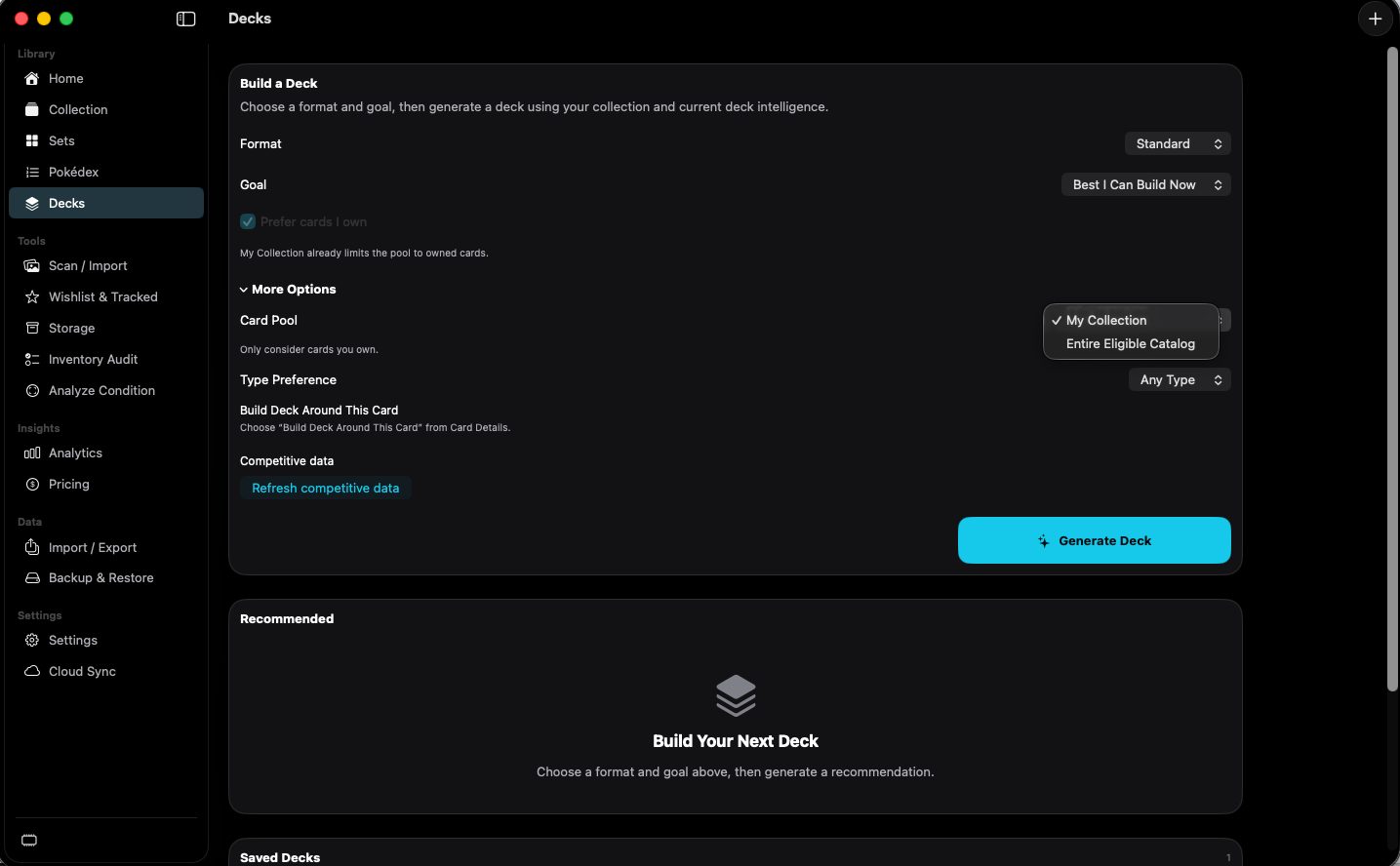 Decks page with format, goal, card pool, and Generate Deck.