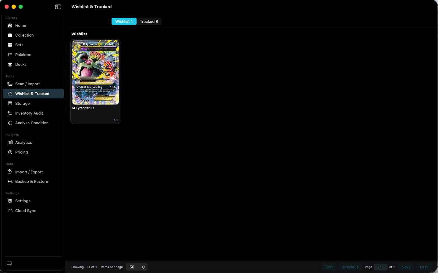 Wishlist tab showing M Tyranitar EX.