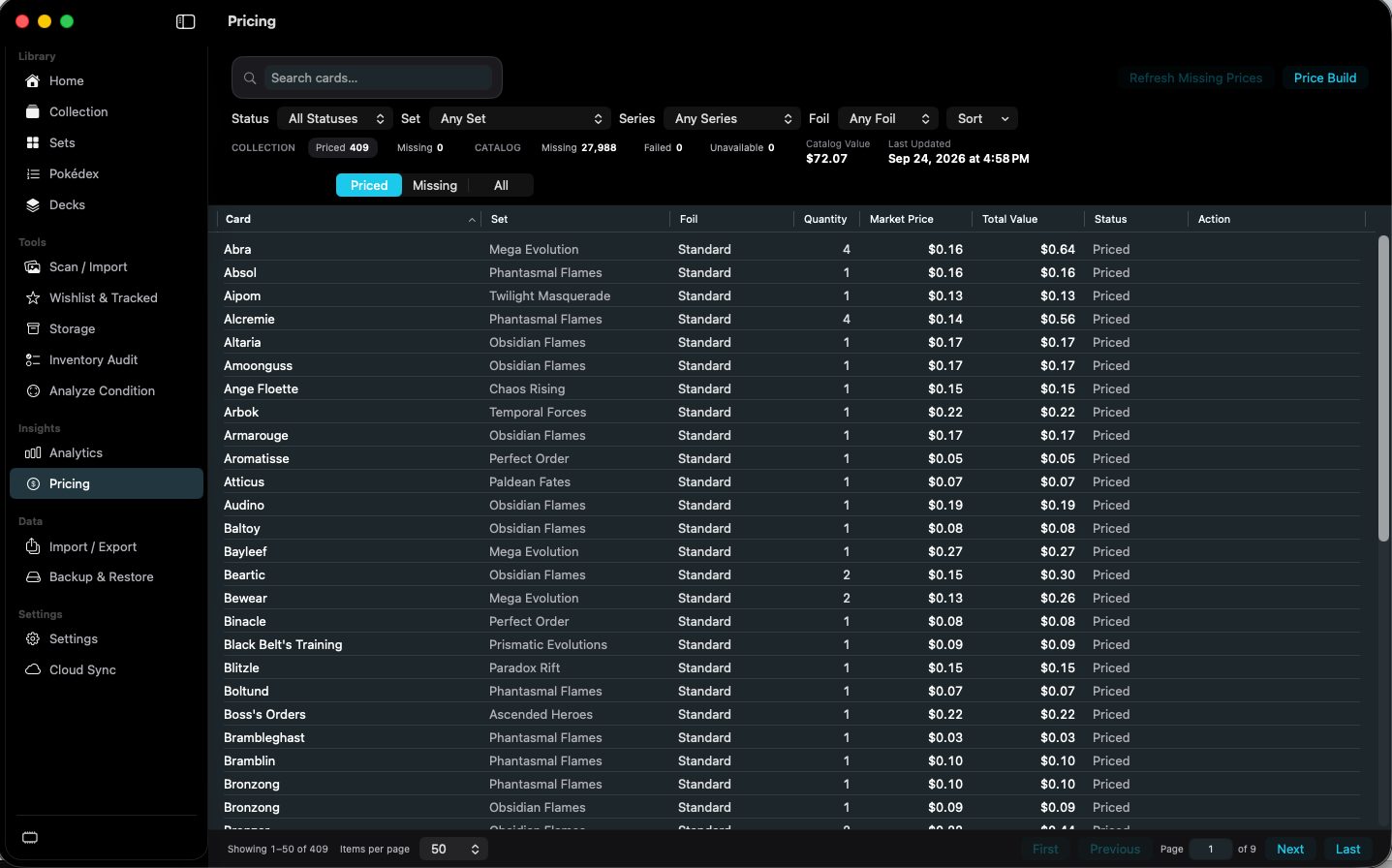 Pricing table with market price, quantity, and total value.