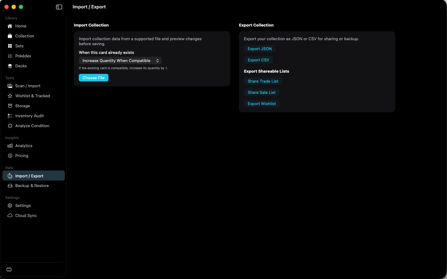 Import / Export with JSON, CSV, and shareable list actions.