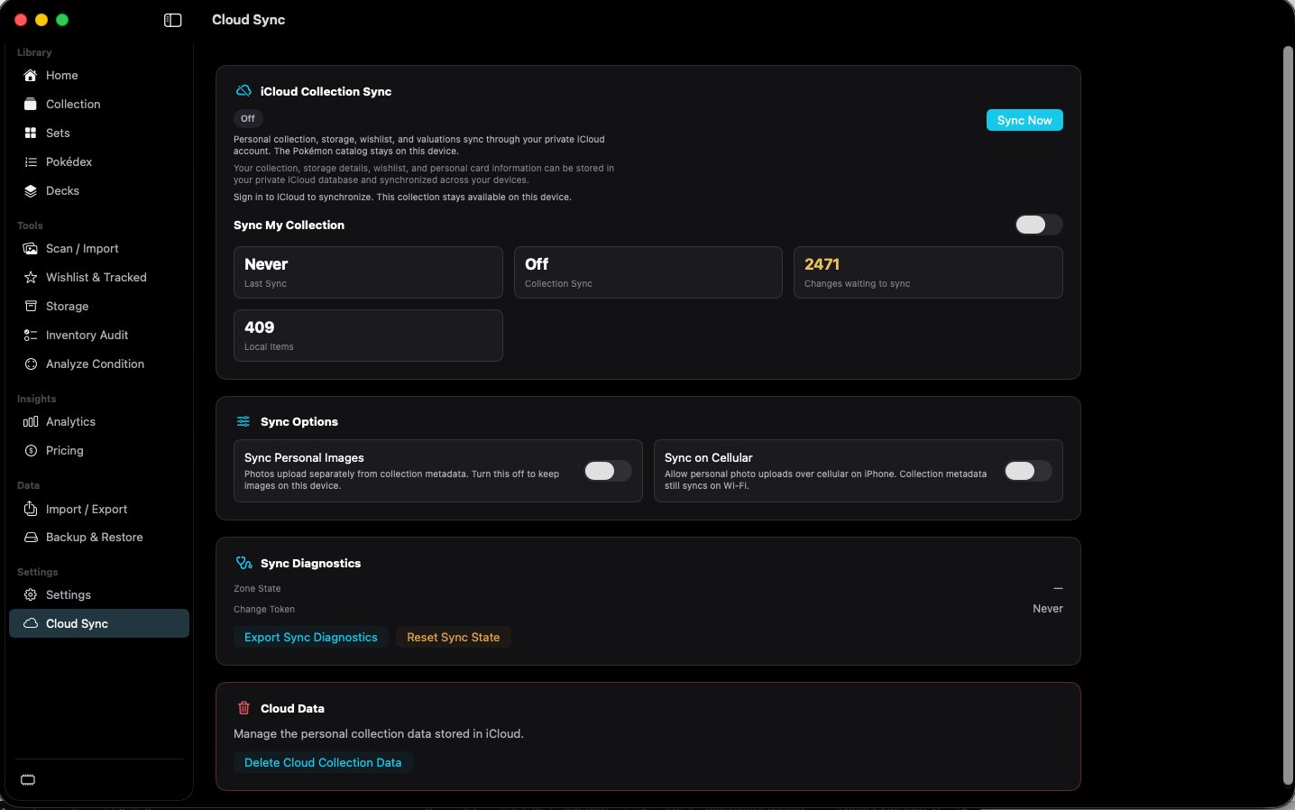 Cloud Sync showing sync off, waiting changes, and delete cloud data.