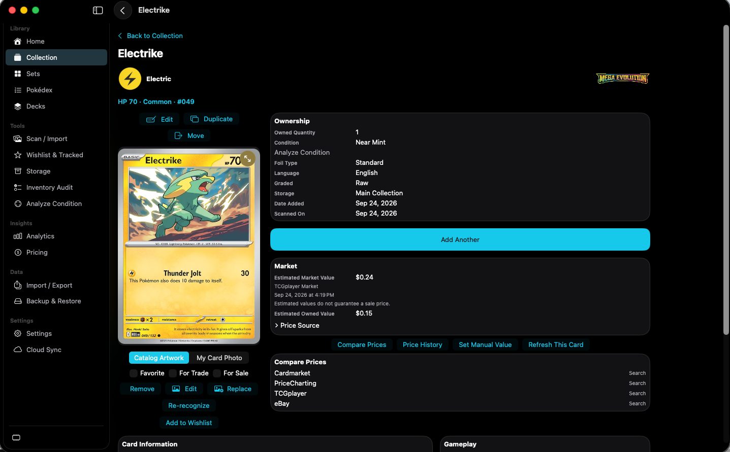 Card Details for Electrike with ownership and market value.