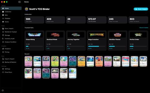 Home dashboard showing collection totals, six tracked sets, and recent cards.