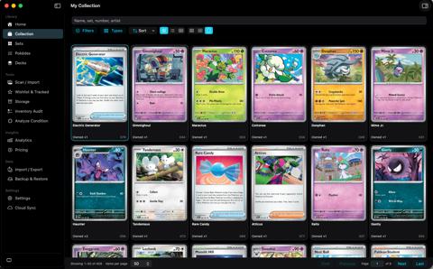 Collection grid of owned cards with search, filters, and pager.