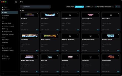 Sets browser showing set logos, series, year, and completion counts.