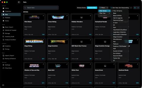 Sets browser with the series filter menu open.