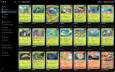 Mega Evolution cards in a grid with owned quantities.