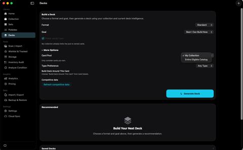 Decks page with format, goal, card pool, and Generate Deck.