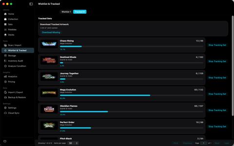 Tracked sets list with completion bars and Stop Tracking Set.