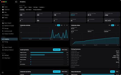 Analytics with collection activity and value charts.