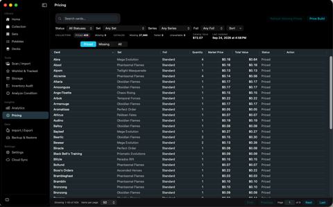 Pricing table with market price, quantity, and total value.