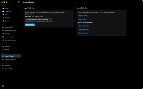 Import / Export with JSON, CSV, and shareable list actions.