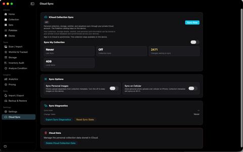 Cloud Sync showing sync off, waiting changes, and delete cloud data.