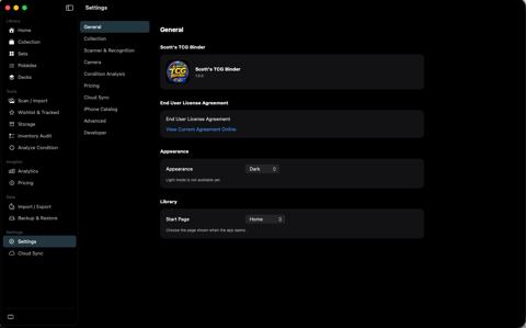 Settings General with version, license, Dark appearance, and Home start page.