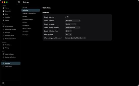 Collection settings for defaults used when adding cards.