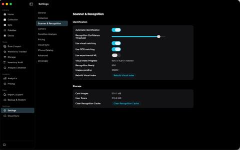 Scanner and Recognition settings with visual index progress.