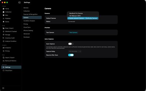 Camera settings with the default camera menu open.