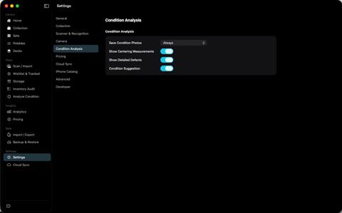 Condition Analysis settings for photos, centering, defects, and suggestions.