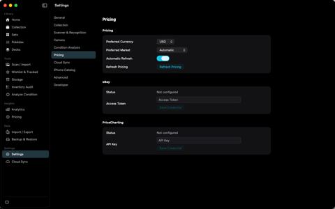 Pricing settings with USD, automatic market, and unconfigured eBay and PriceCharting.
