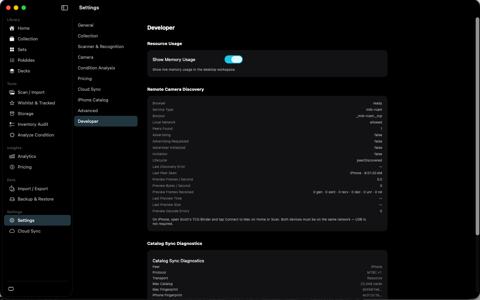 Developer settings with memory usage enabled and camera discovery diagnostics.